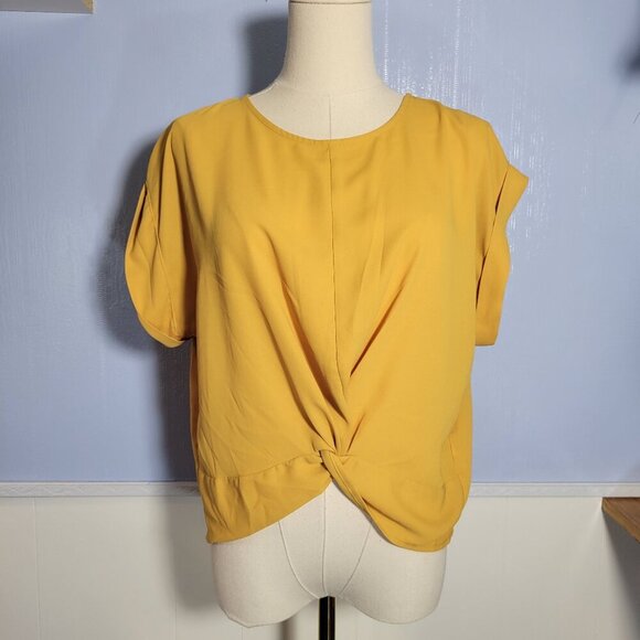 Forever 21 Medium Goldenrod Rolled Shortsleeve V Neck Front Knot Lightweight Top - Picture 1 of 9